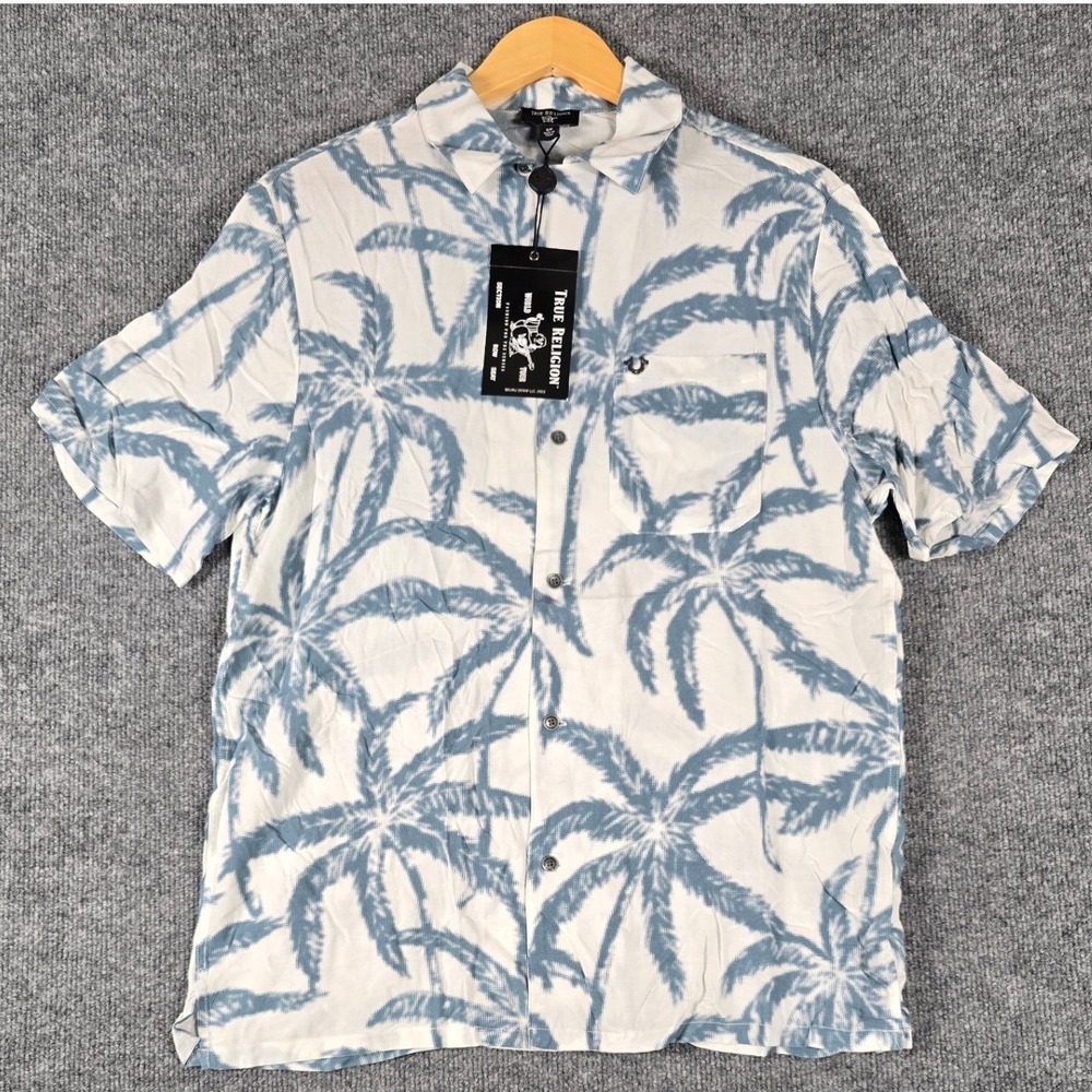 True Religion Men Palm Tree Camp Collar‎ Short Sleeve Button Up Shirt Size Small